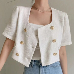 Beige Casual Women's Double Breasted Crop Blouse